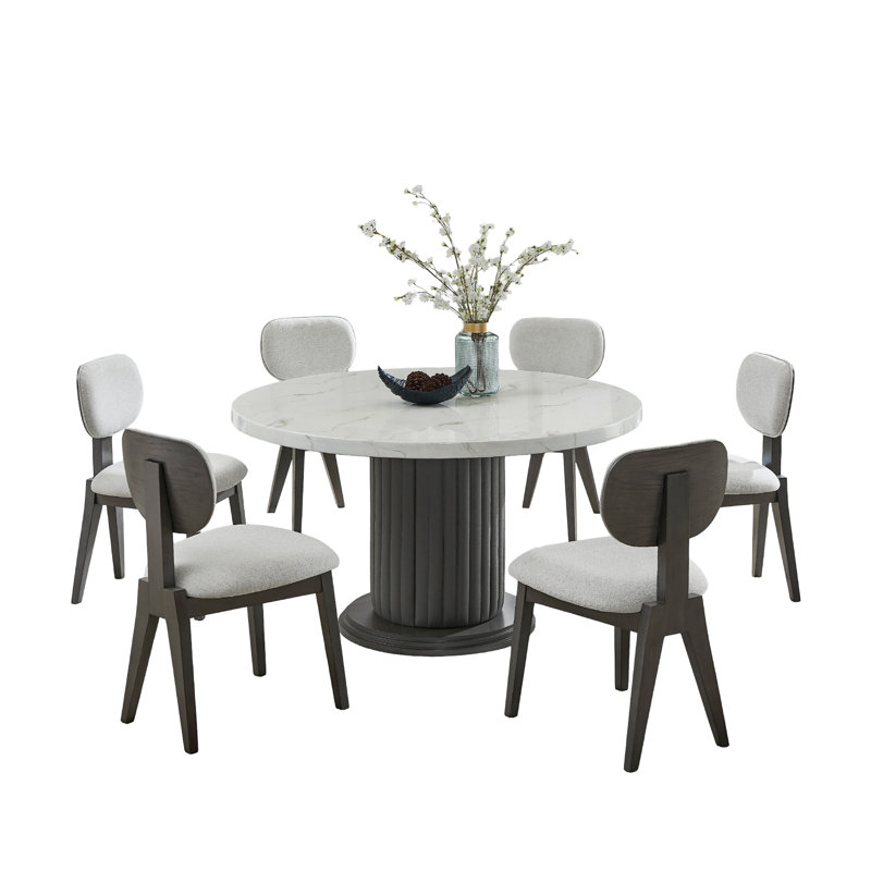 Ensemble de table de salle à manger 7 pièces Beny, 54 po rond blanc, chaises à dossier bas, gris foncé