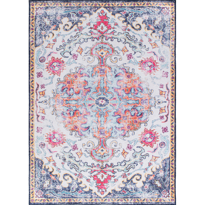 Ellery Machine Washable Oriental Flatweave Performance Blue/Orange Multi Area Rug, Rectangle 3'3" x 5'
