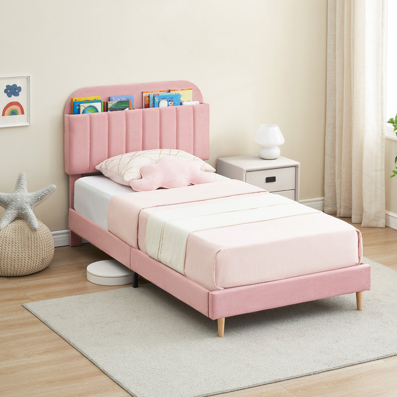  Twin Bed Frame, Kidss Bed Frame with Bookcase Headboard, Upholstered Platform Twin Size Bed with Wooden Slats Support for Boys, Girls, Teens, No Box Spring Needed