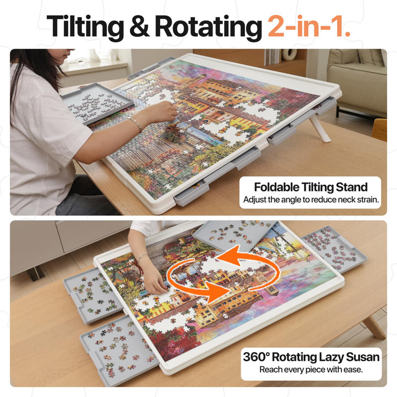 1500 pièces 2-en-1 1500 casse-tête inclinable et rotatif avec tiroirs et couvercle, 35 po x 27 po Table tournante portative en plastique pour adultes, plateau tournant amélioré