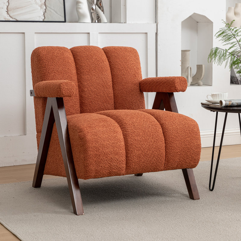 Draedyn Upholstered Boucle Armchair with Solid Wood Legs, Light Orange, 1