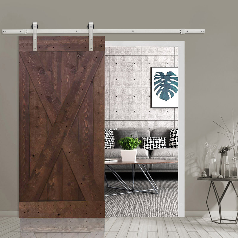 Porte de grange à panneaux en bois sans finition avec kit de quincaillerie d’installation, 36 po x 84 po, Noyer