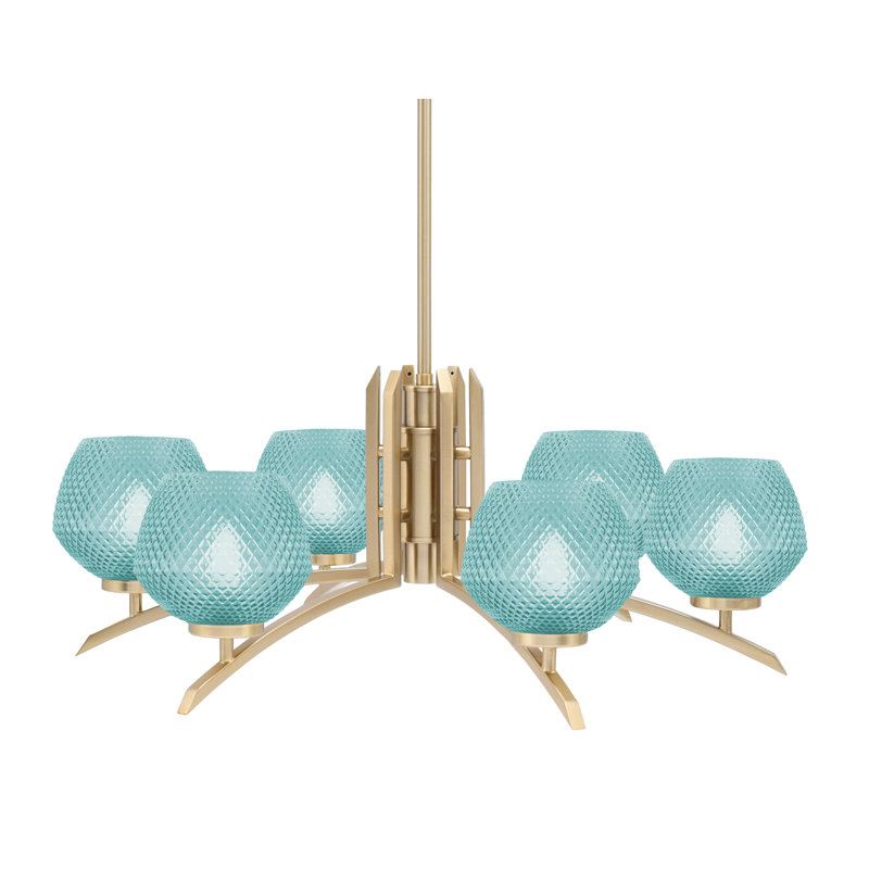 Lustre à 6 lumières Kurve présenté en finition nouvel âge avec verre texturé de 6 po, Bleu sarcelle