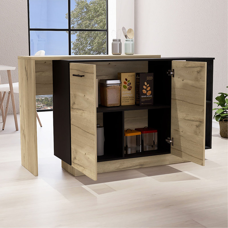 Îlot de cuisine, armoires à deux portes, deux tablettes extérieures, trois tablettes, chêne noir / clair