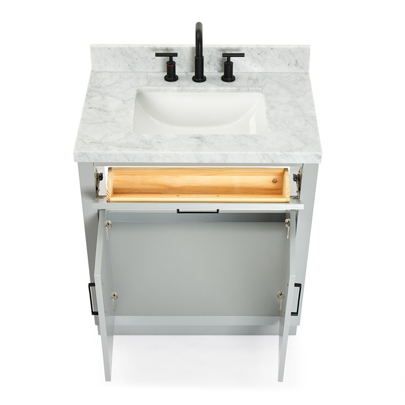 Tidworth 30'' Solid Wood Single Bathroom Vanity with 1.5'' Carrara Marble Top, Gray / Matte Black, Rectangular
