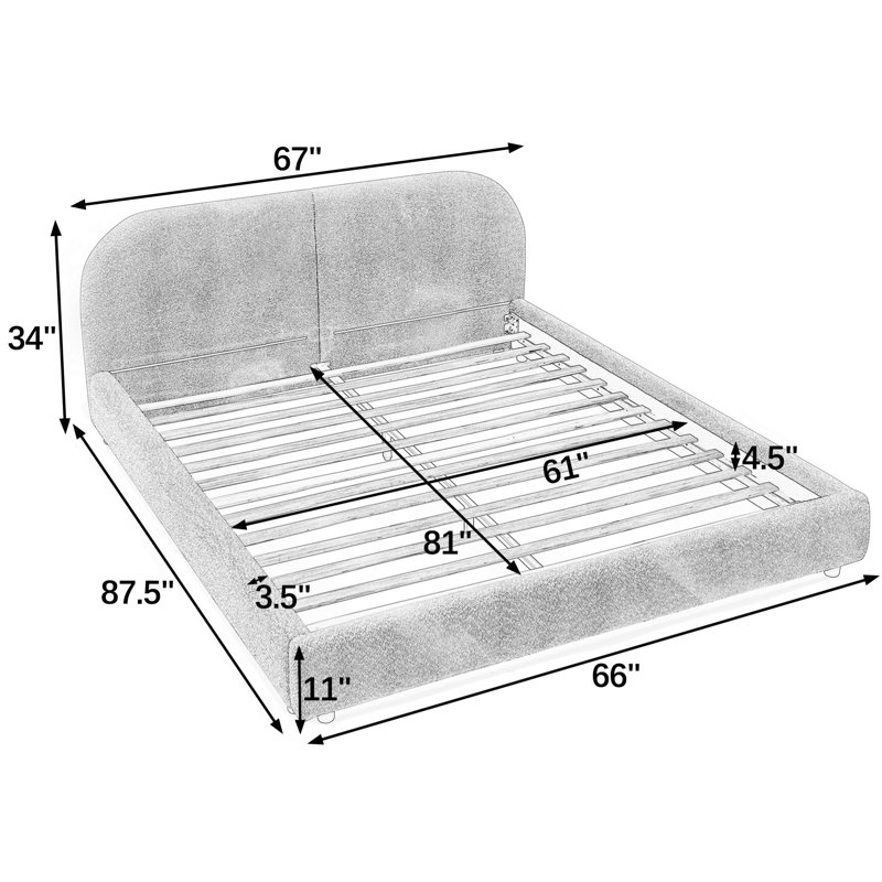 Structure de lit tapissier grand format, style minimaliste moderne avec grande tête de lit courbée