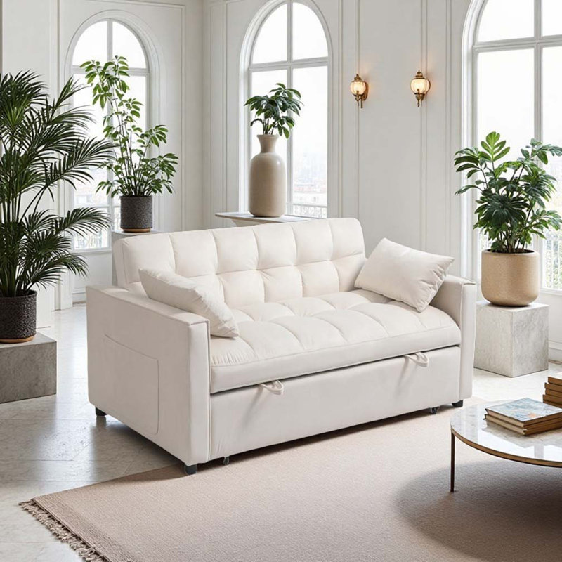 Lit escamotable en velours avec dossier ajustable et coussins, Crème, crème