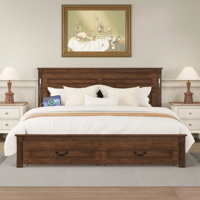 King Size Bed with Tall-Panel Headboard, 2 Storage Drawers