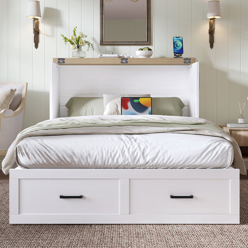 Armoire lit escamotable Murphy avec station de charge Lit plateforme multifonctionnel pliable avec 1 grand tiroir de rangement pour chambre d'amis Petite chambre