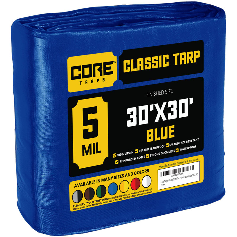 Toile résistante 30 po x 30 pi 5 mil en polyéthylène robuste, imperméable et résistante aux rayons UV, Bleu