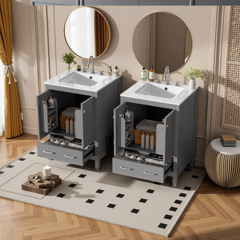Ensemble de meuble-lavabo autoportant 48 po avec rangement et portes à fermeture en douceur 48 po, Gris