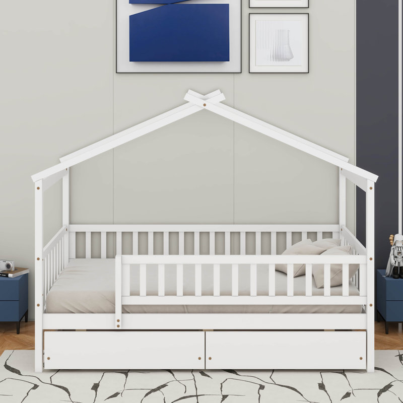 Lit double en bois avec tiroirs, Blanc