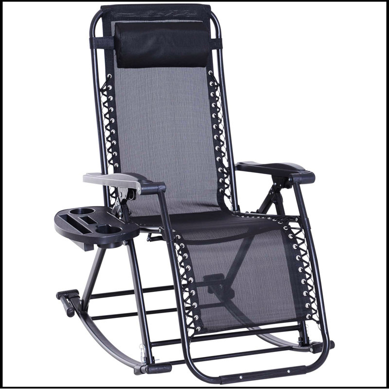 Outdoor Rocking Chairs, Foldable Reclining Anti Gravity Lounge Rocker w/ Pillow, Cup & Phone Holder, Black