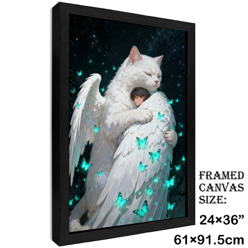 Art mural rétro noir, ange, chat blanc, embrassant un enfant, impressions sur toile de style rétro, H 37 po x l 25 po