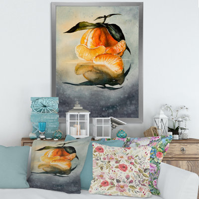 One Peeled Fresh Orange Mandarin With Green Leaves - Single Picture Frame Print on Canvas