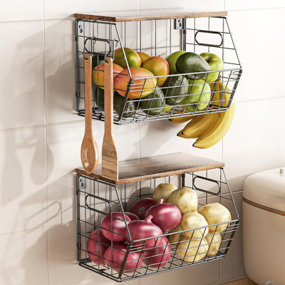 Stackable Metal Fruit Basket With Wooden Lid