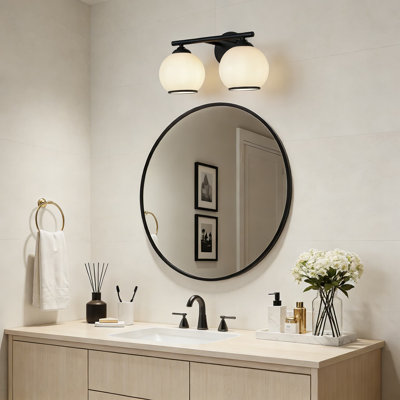 Modern Matte Black Bathroom Vanity Light With Frosted Milk Glass Shades, 2-Light Wall Mounted Fixture For Soft Illumination Over Mirror, Dimmable And Easy To Install