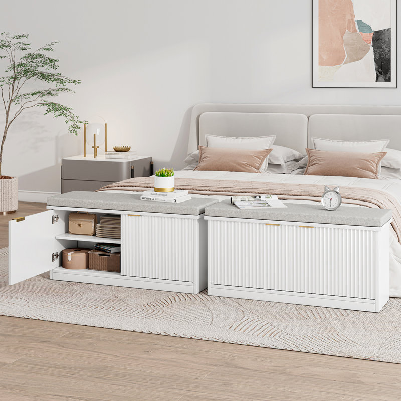 8 Pair Shoe Storage Bench, Shoe Cabinet Bench With Cushion And Gold Handles For Entryway, Hallway, White