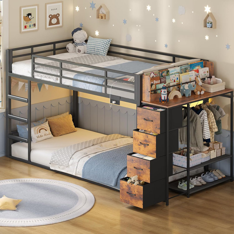 Bed Twin Over Twin With Bookshelf, 4 Storage Drawers, Metal Kids Bunk Bed With Power Outlet & Rgb Lights, Clothing Rack & Shelves, Safety Guardrail & Ladder