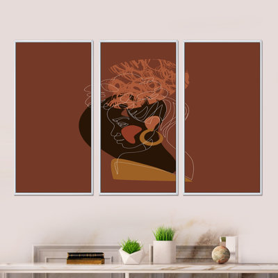 «Black Woman Afro Portrait With Geometric Shapes I», 3 pièces, cadre flottant, impression sur toile