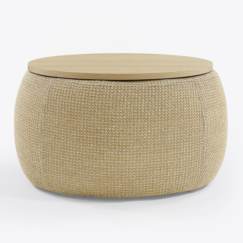 Round Storage Ottoman, 2 in 1 Function, Work as End table and Ottoman, Natural