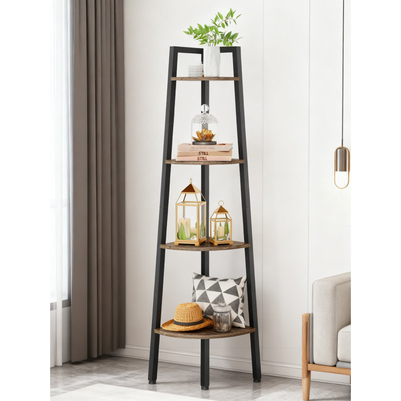 4-Tier Corner Shelf, Industrial Ladder Bookshelf With Metal Frame For Living Room, Bedroom, Home Office And Small Space Storage Display