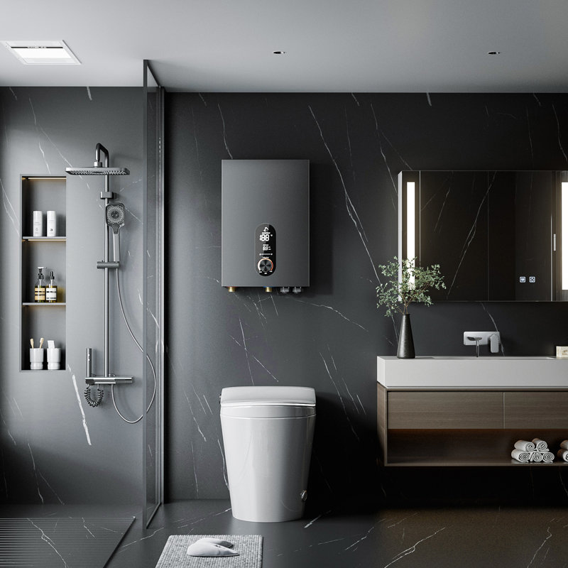 Chauffe-eau électrique sans réservoir 18Kw noir avec affichage de la température à DEL et chauffage instantané, Noir mat