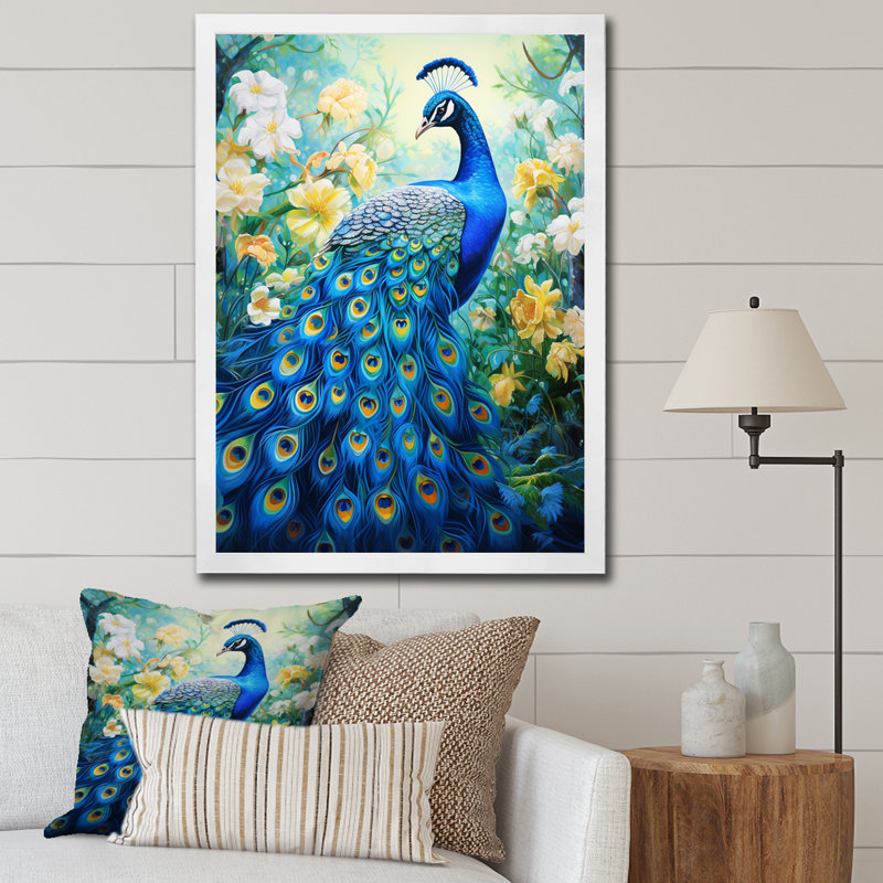 Yunick bleu sarcelle symboliste - art mural paon pour le salon, H 44 po x l 34 po, Toile tendue