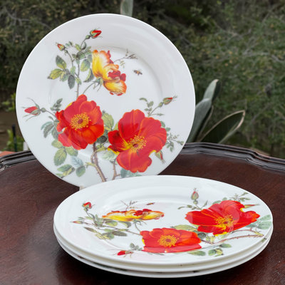 Bone China Scarlet Rose Garden Salad/dessert Plates, Set of 4