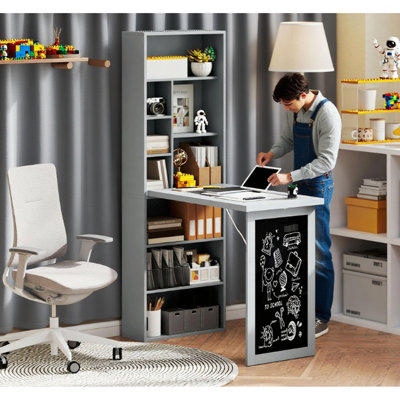 Convertible Foldable Desk Wall Mounted With 3 - Level Shelf Storage And Blackboard For To Do Lists, 38.5" W X 20" D 60.25" H Fold Out Limited Space Rooms Adjustable Blackboard, 59.14" High, 49.5 Lb