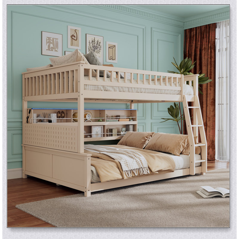 Full XL Over Queen Bunk Bed With Integrated Shelving, Color-Changing Lights And Pegboard, Beige, Full