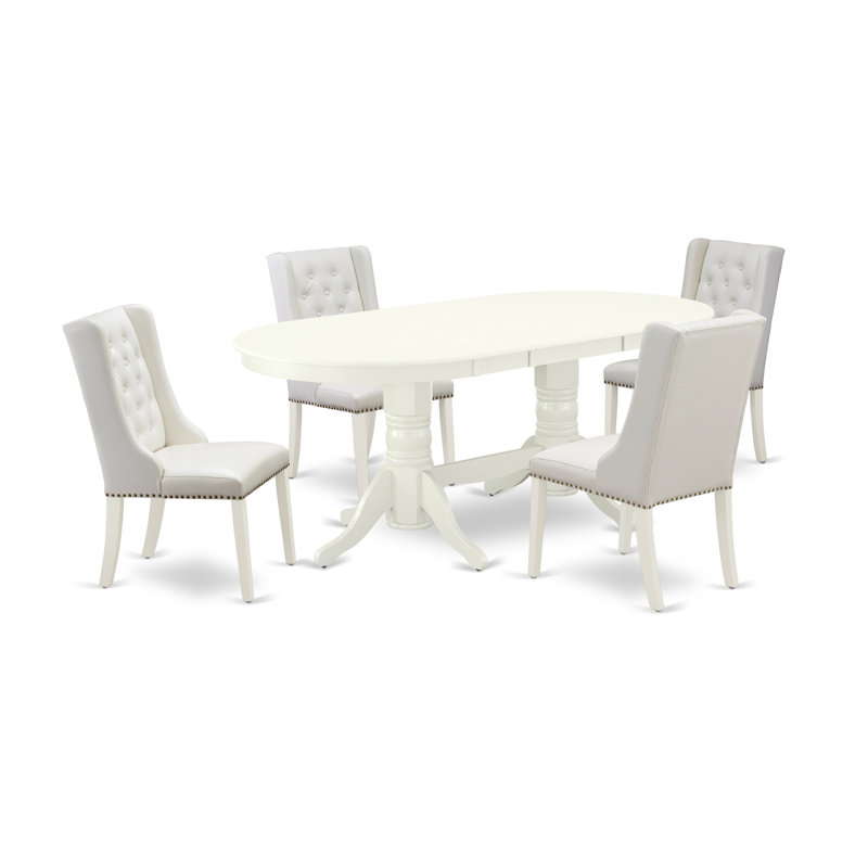L'ensemble 5 pièces comprend 1 rallonge papillon, une table de salle à manger à double piédestal et 4 chaises de salle à manger en similicuir blanc avec dossier capitonné - lin blanc