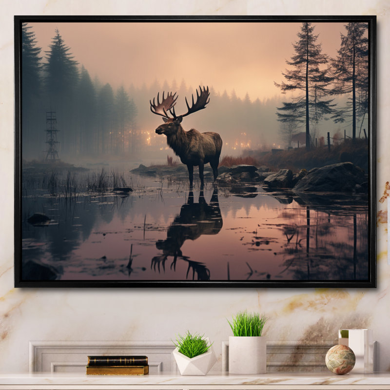 «Brown Peach Moose Misty Morning», reproduction sur toile, H 24 po x l 32 po x P 1 po, Cadre flottant noir