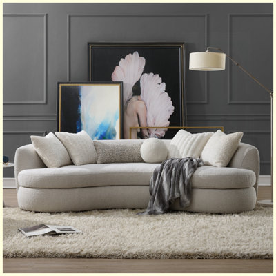 Modern Beige Boucle Upholstered Sofa with 6 Coordinated Decorative Throw Pillows