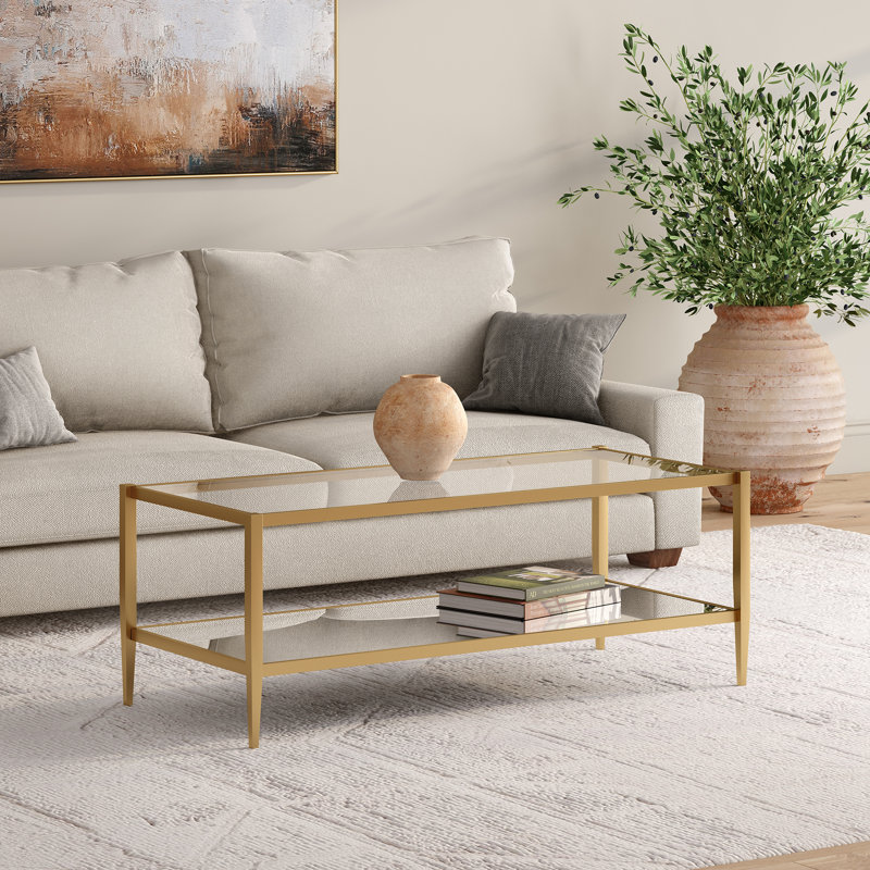 Hera 45" Wide Rectangular Coffee Table with Mirror Shelf in Brass, Antique Brass, 17" H x 20" W x 45" L