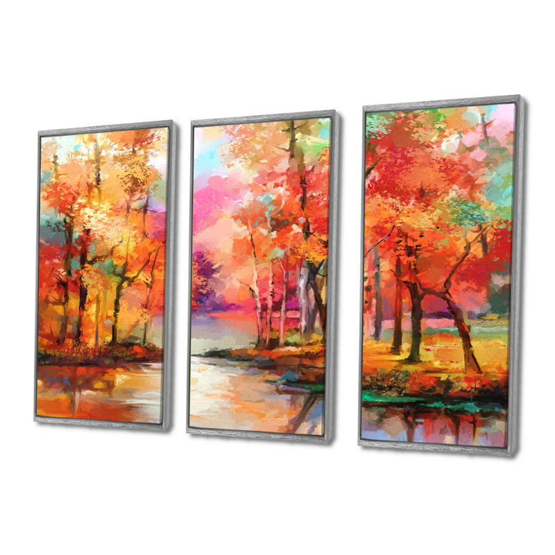 Arbres colorés d'automne au bord du lac en automne - ensemble d'art moderne sur toile encadrée moderne de 3, Argent argent
