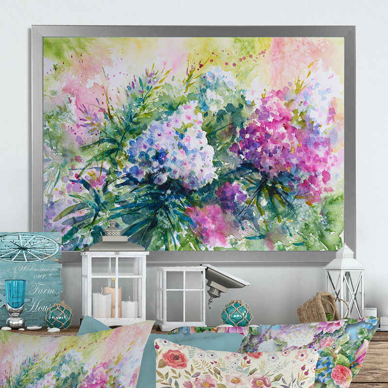 Mauve, rose, blanc, fleurs, lilas - reproduction d'art sur toile, H 24 po x l 36 po x P 1 po, Cadre argenté