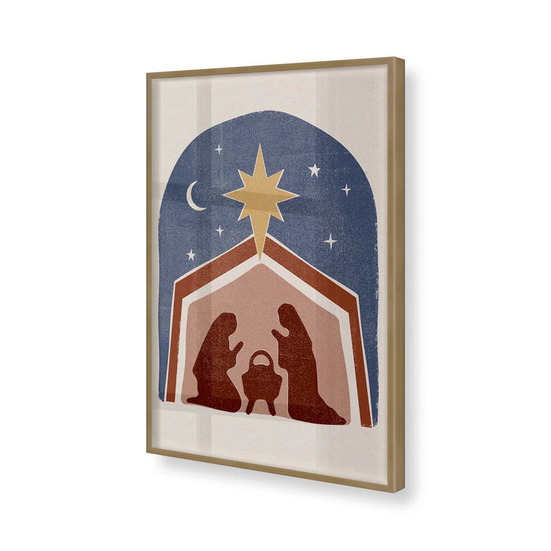Étoile de Bethléem, crèche de Noël I, reproduction dans un cadre, Cadre doré brossé, H 17,25 po x l 13,25 po
