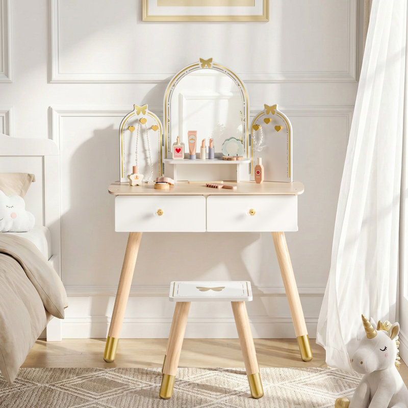 Coiffeuse et tabouret de maquillage pour enfants 2 pièces, Blanc