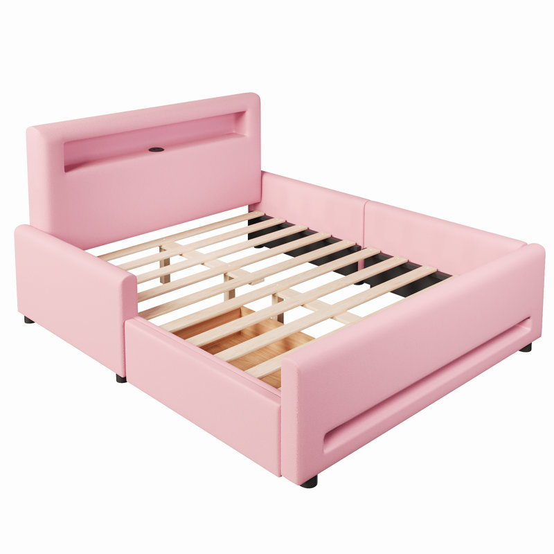 Full Size Upholstered Platform Bed with Storage Drawers, LED Light Strip & USB Charging Port, Pink, Full, Pink