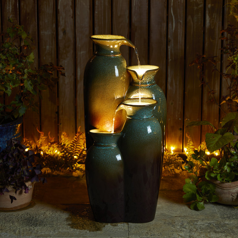 30.75"H 4-Tiered Cobalt Reactive Glaze Ceramic Vase Outdoor Floor Fountain With Pump And LED Light (KD), Green