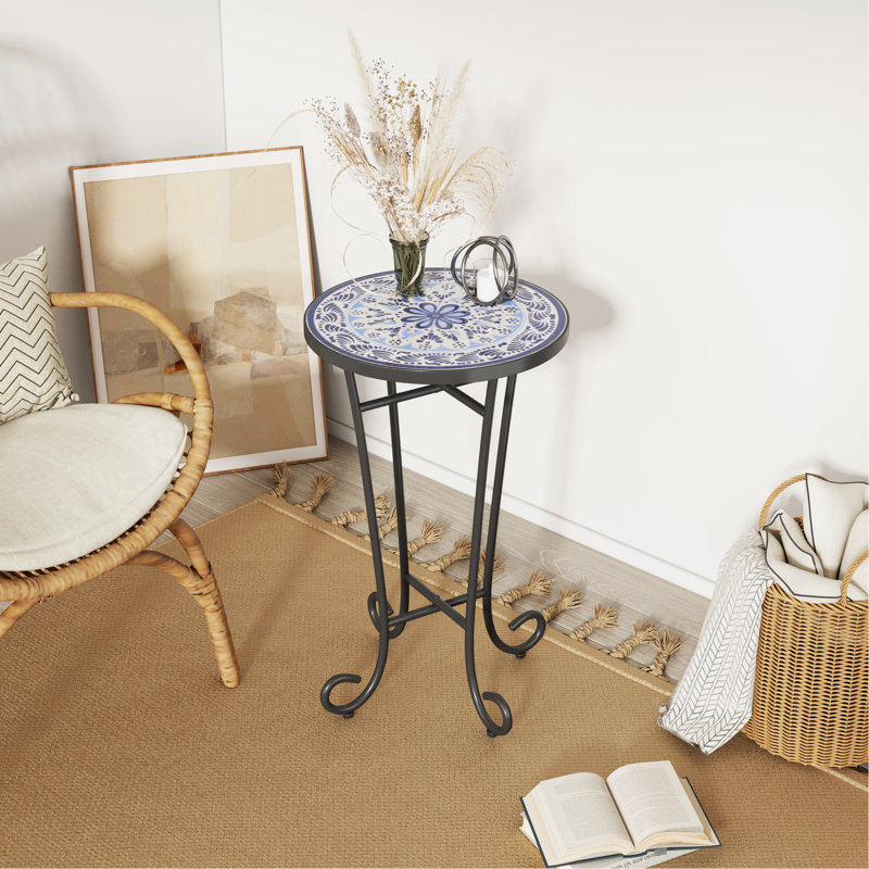 Table d'appoint d'extérieur avec charmante surface en céramique florale - et pluie, cadre noir mat, bleu et noir en bleu durable, cadre
