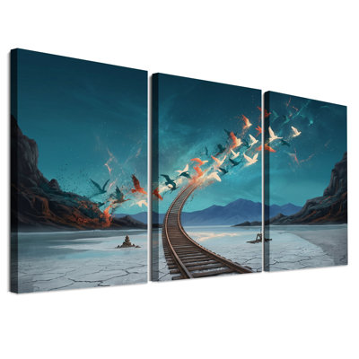 Ensemble de 3 toiles murales représentant une voie ferrée surréaliste et des oiseaux dans un ciel turquoise