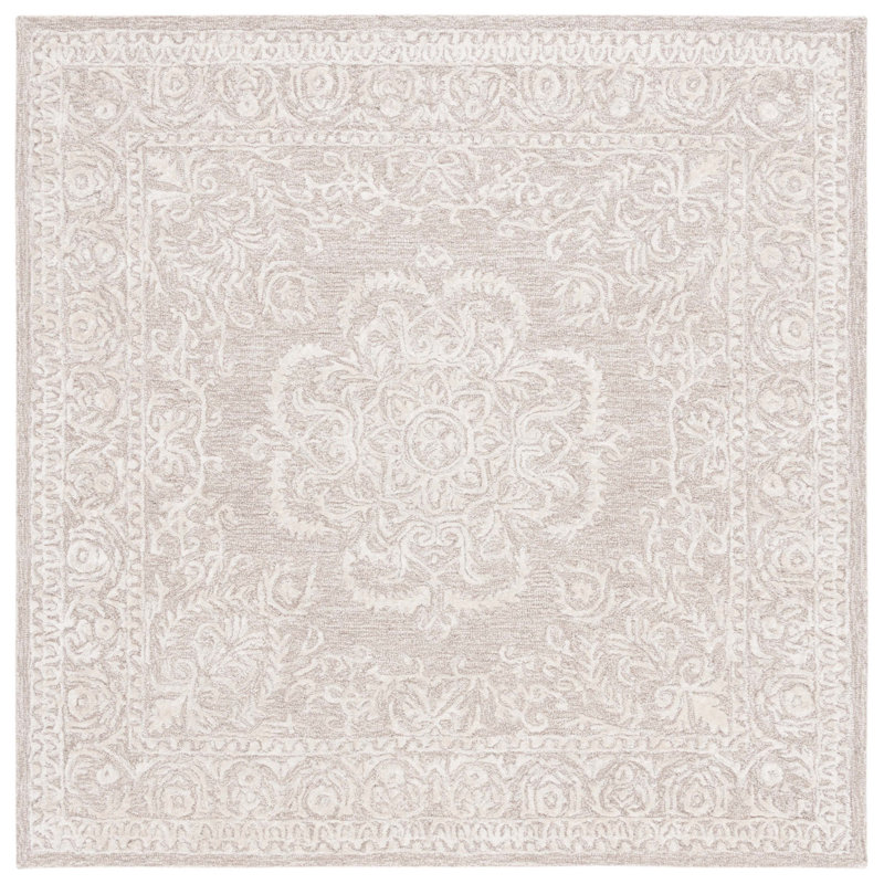 Tapis beige / ivoire en coton / laine / coton touffeté à la main avec envers en coton Precious, Carré 6 pi