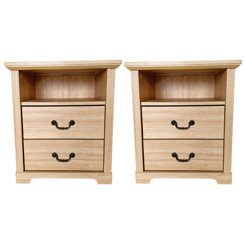 Table de chevet rustique de 22 po avec 2 tiroirs et tablette ouverte, poignées en métal, options multicolores, Naturel
