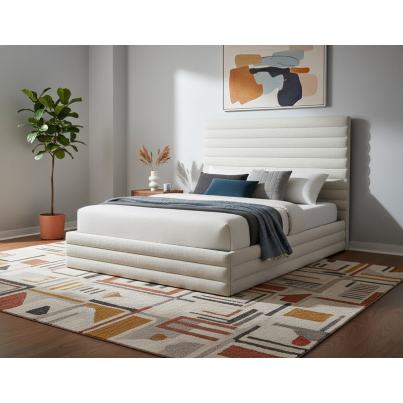 Maxwell Upholstered Platform Bed, King, Cream Linen Textured Fabric