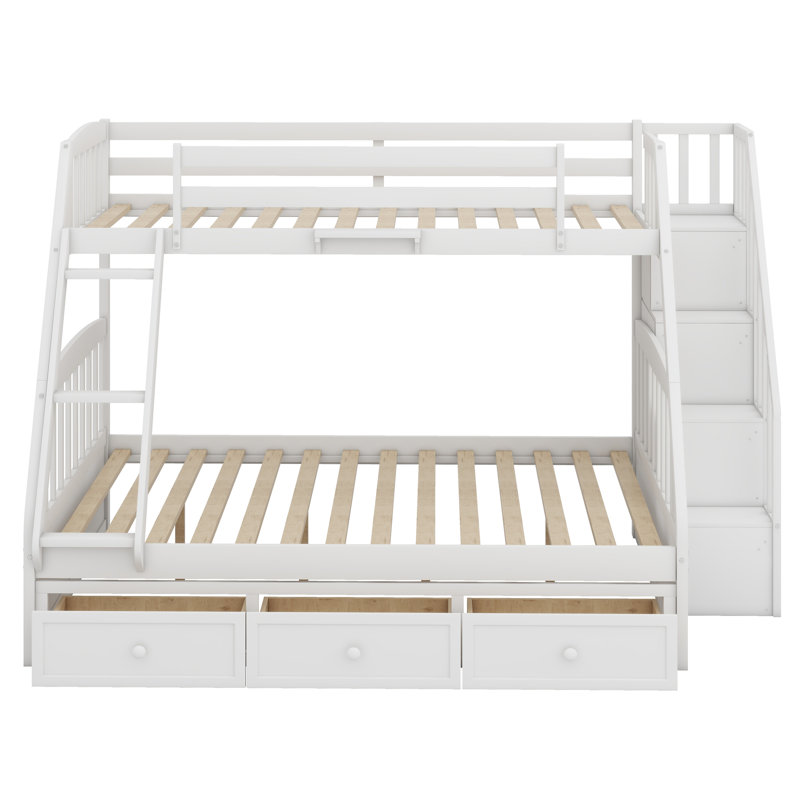 Lit superposé avec tiroirs, échelle et escalier de rangement, Blanc