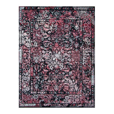 Machine Washable  Black Colored Detailed Patterned Woven Base Modern Decorative Rug