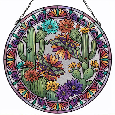 Cactus Floral Stained Glass Window Panel，7.8H