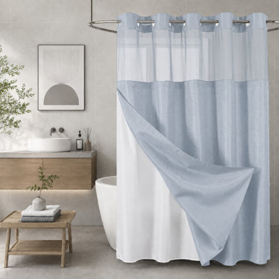 Fog Blue No Hook Waffle Shower Curtain with Liner, 72 x 75 Inch, Snap-In Fabric Liner, Mesh Top Window, Heavy-Duty Waffle Fabric, Waterproof Hotel Style Shower Curtain for Bathroom